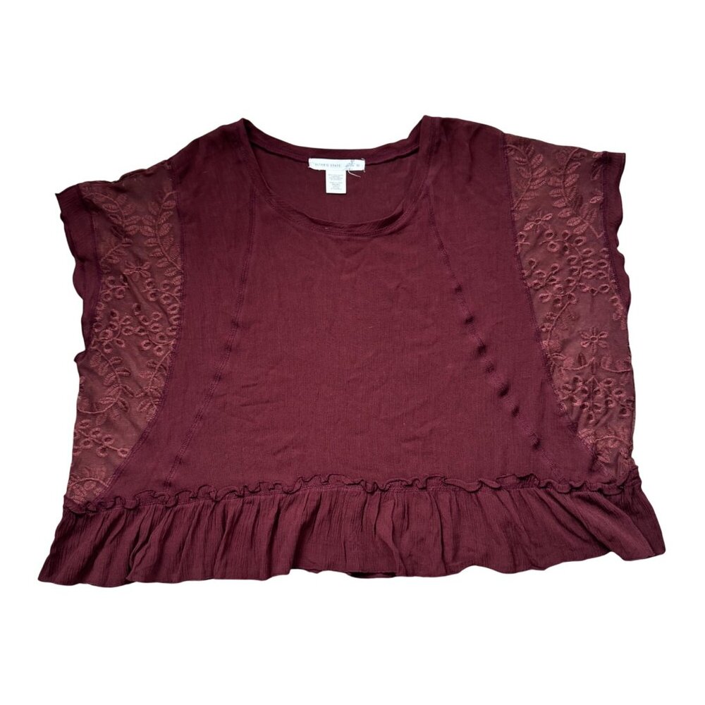 NEW Altar'd State Womens Rum Raisin Lace Flutter Sleeve Ruffle Hem Top XL Boho